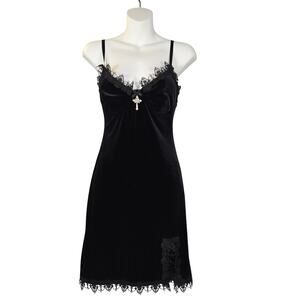 Black Velvet Slip Dress Nightgown M‎ Gothic Lingerie Cross Charm Dark Romance